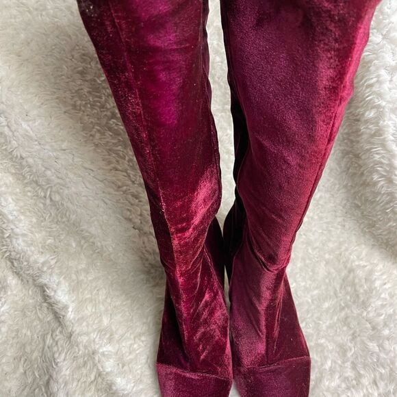 Ashley Stewart Fabric suede Burgundy knee high clear heel boots SZ9W - Picture 7 of 13